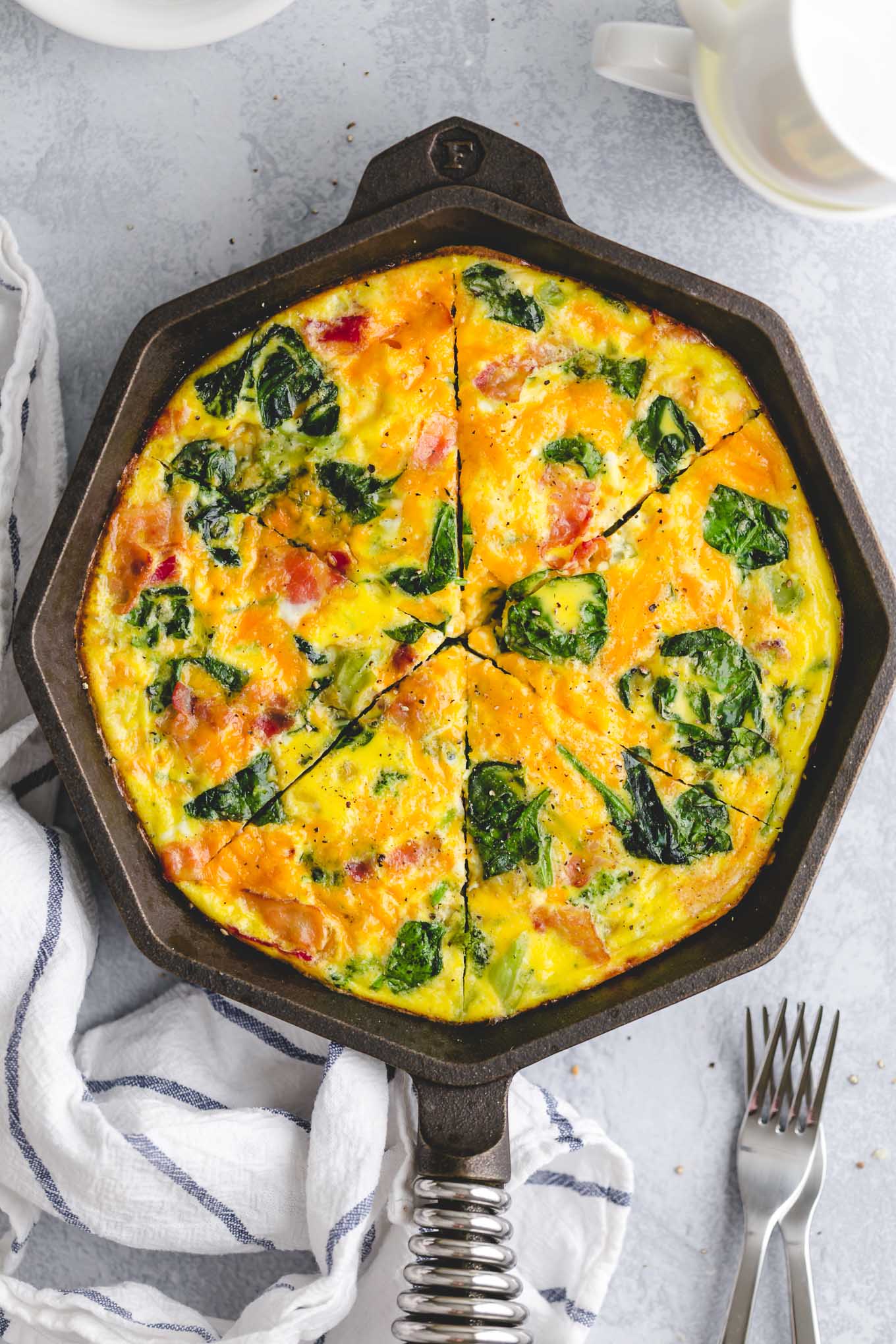 Spinach Frittata with Bacon, Broccoli, and Cheddar Cheese