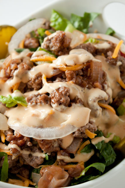 Cheeseburger Salad Recipe with Big Mac Dressing! If you love Big Macs but want something lighter and healthier, you will love this! 