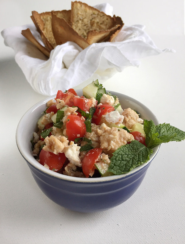 This salmon salad with cucumber, feta and mint is a healthy, easy, and light recipe for lunch using canned salmon! Serve with homemade baked tortilla chips