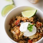 Cheesy Mexican Quinoa and Black Bean Casserole - This easy casserole recipe is vegetarian, SATISFYING, and healthy! It can be made in 1 pan in no time, too! 343 calories per bowl