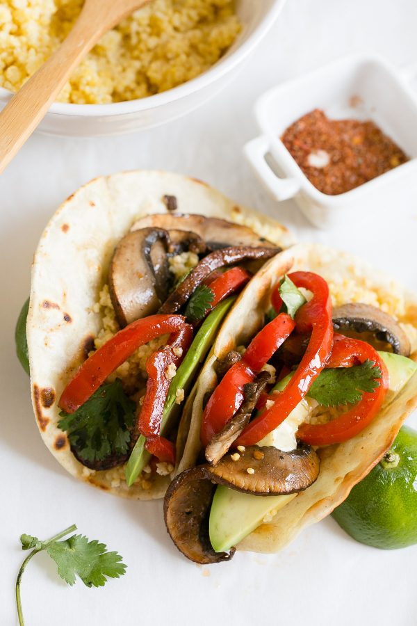 Millet and Veggie Breakfast Tacos Recipe - made with whole grain millet, red bell pepper, and portobello mushroom. Serve them for breakfast, lunch or dinner! Recipe from Eating Clean by Amie Valpone