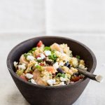 Quinoa Salad with Shrimp, Goat Cheese and Olives! This quick recipe is refreshingly light, healthy, and perfect to make ahead for lunch during the week, or even to bring to a party! It's one of those healthy - hearty salad recipes that can be served hot or cold!