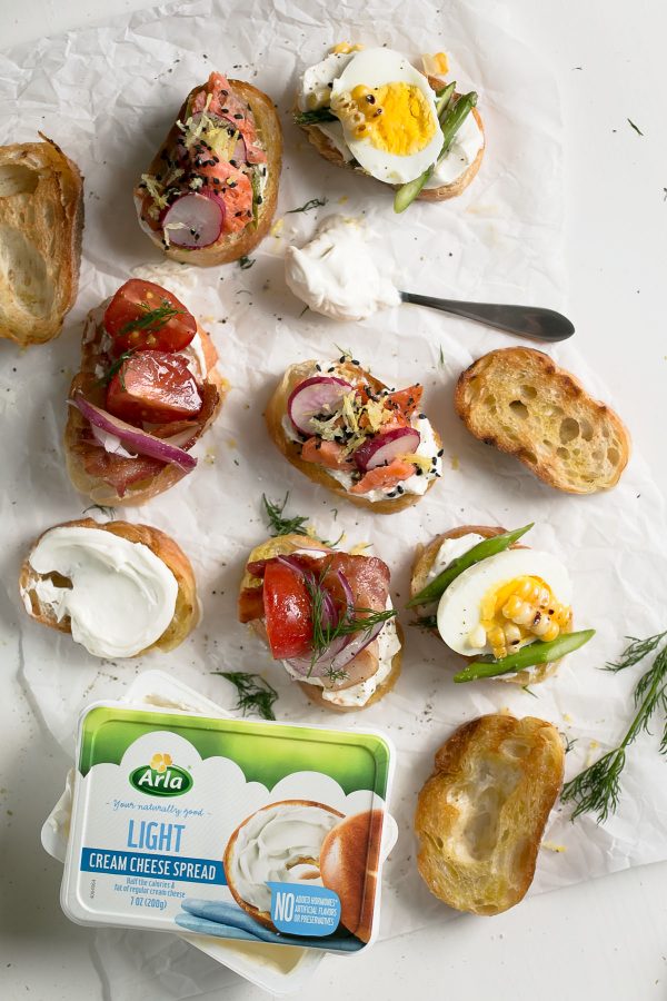 3 Summer Crostini Recipes - How to make easy, fresh, and fast appetizers using seasonal vegetables in three flavors - Balsamic Tomato Crostini with Bacon and Dill (like a BLT!), Grilled Corn and Asparagus Crostini with Lemon Zest, and Sesame Salmon Avocado Crostini