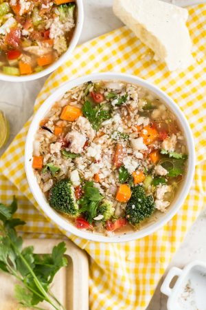 Hearty Salmon and Wild Rice Soup in a Hurry - A comforting, wholesome, and hearty soup with broccoli, onion, celery, carrot, salmon, and brown and wild rice in 30 minutes!