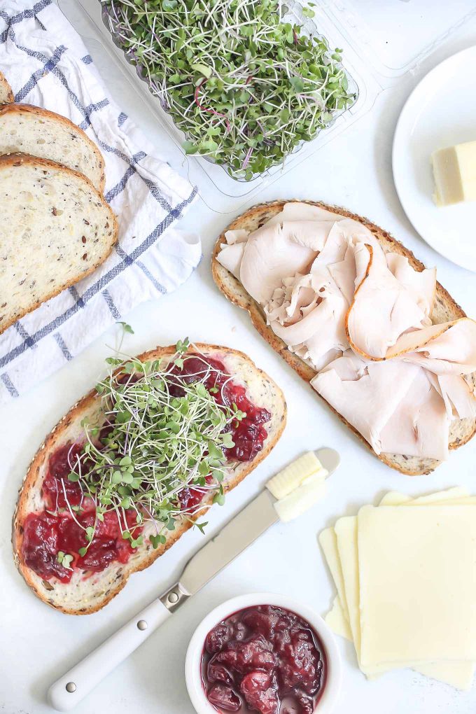 turkey melts with cranberry sauce and sprouts