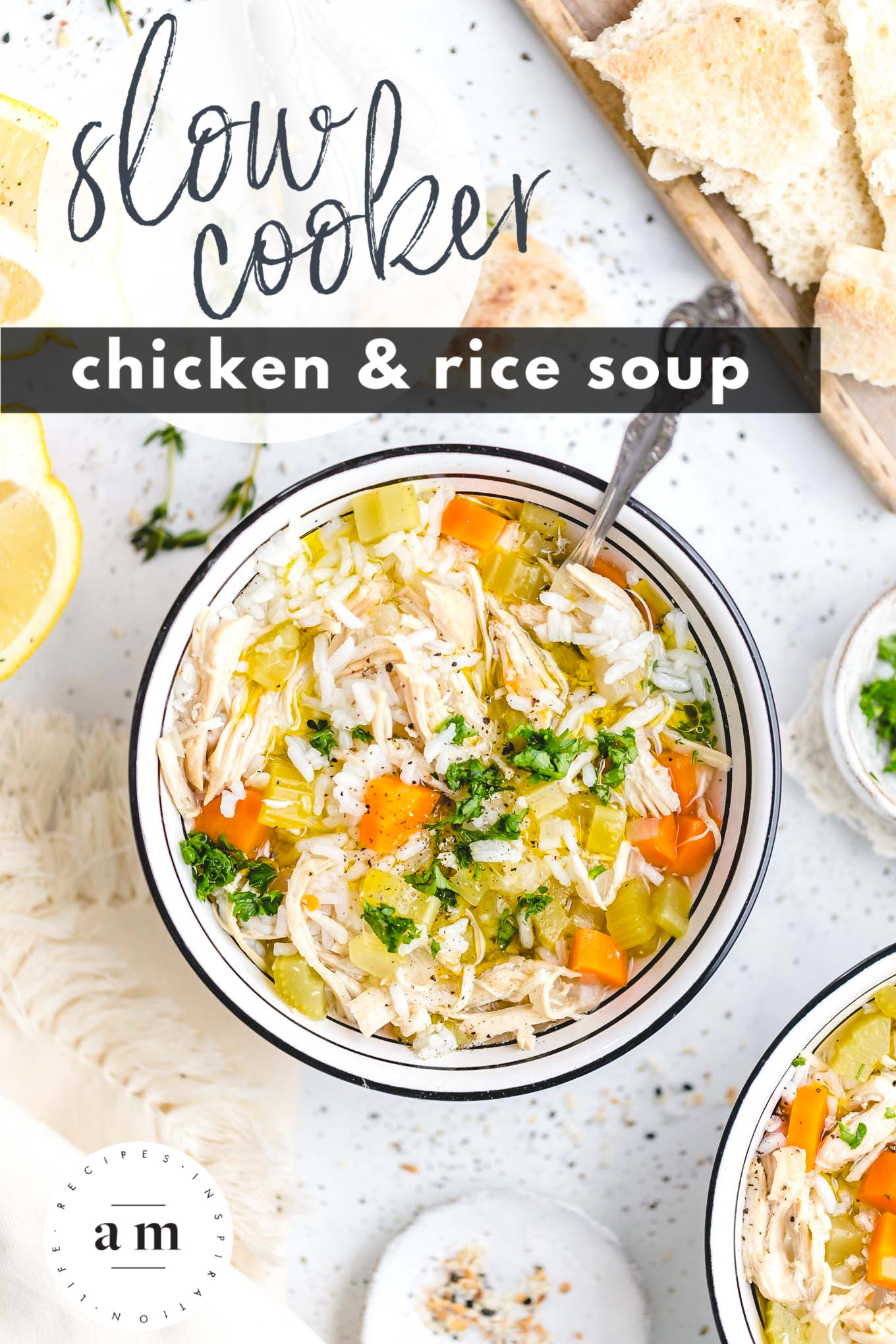 Slow Cooker Chicken and Rice Soup (219 calories) - a healthy, flavorful, and easy crockpot recipe made with boneless skinless chicken breasts, onion, carrots, celery, garlic, fresh thyme, bay leaves, chicken broth, and instant white rice (for extra convenience).