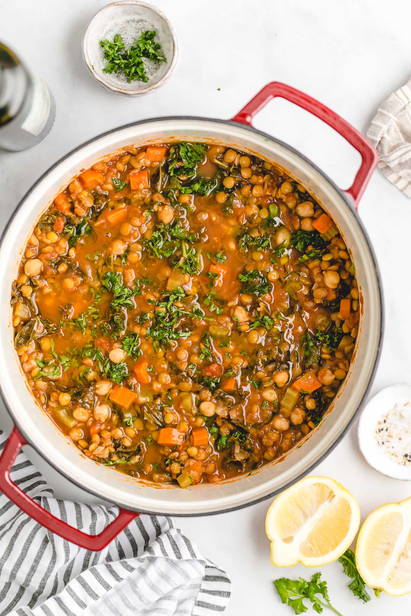 Vegetarian Lentil and Chickpea Soup - a vegetarian lentil soup recipe full of rich Moroccan-inspired flavors that’s packed with fiber, veggies, and protein! Great for meal prep!