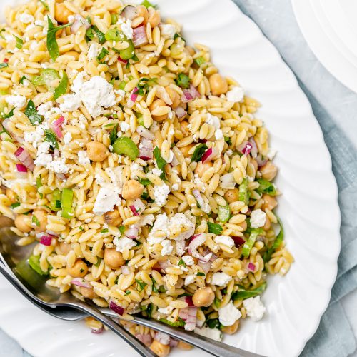 Minted Orzo Salad Recipe with Chickpeas and Feta Cheese - this deliciously easy vegetarian side dish is my most requested! It's loaded with fresh flavor from herbs and a bright lemon vinaigrette and it tastes amazing hot or cold so feel free to make ahead of time!